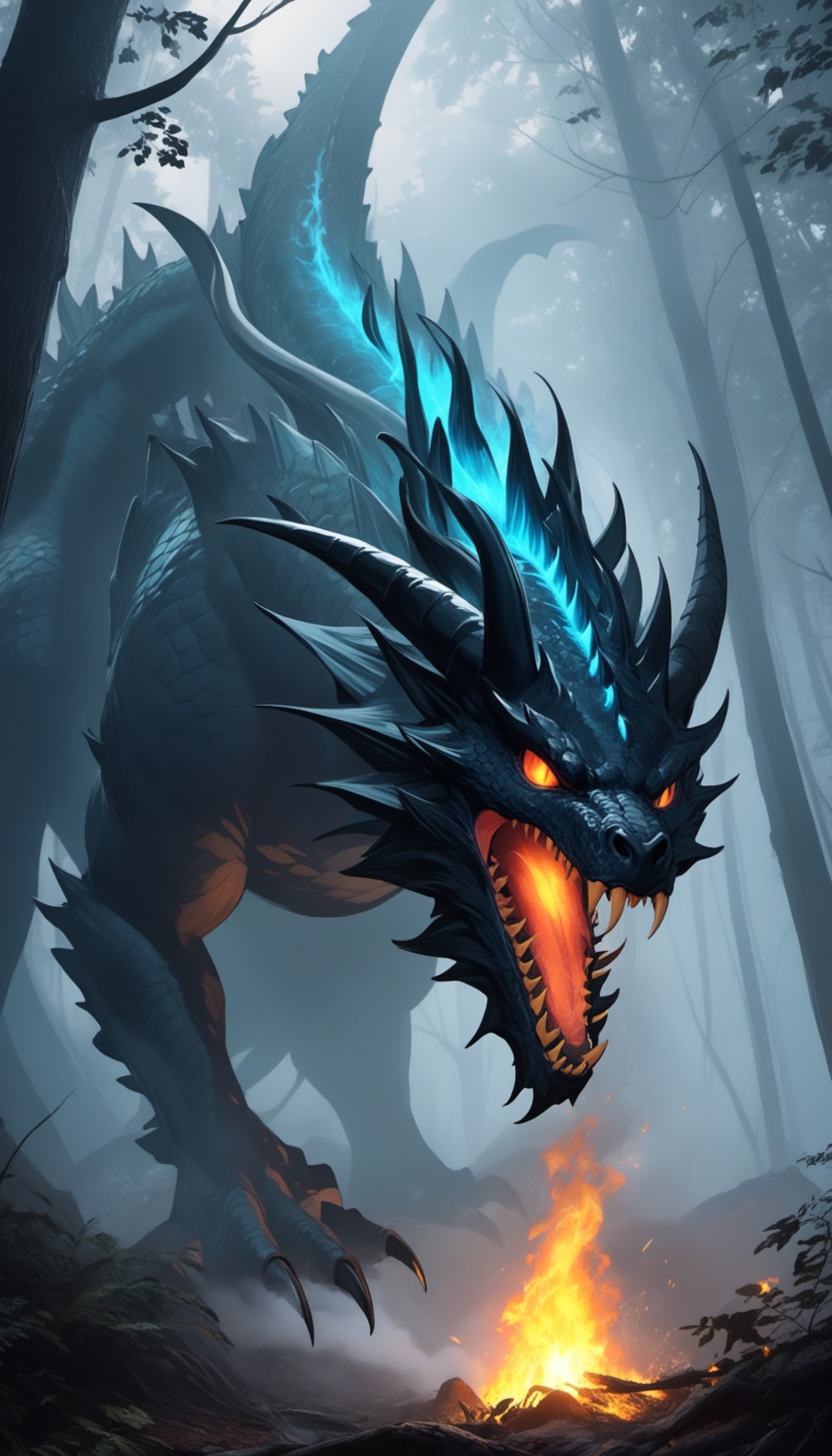 a giant monster hybrid of dragon and spider, in dark dense foggy forest, fire, no humans, open mouth XL 0.jpg